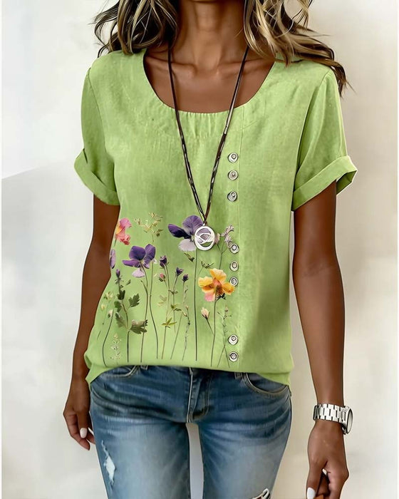 Floral Print Crew Neck Short Sleeve T-Shirt