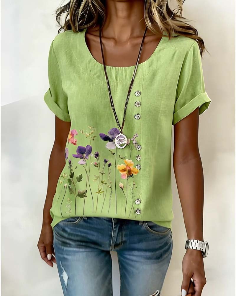 Floral Print Crew Neck Short Sleeve T-Shirt