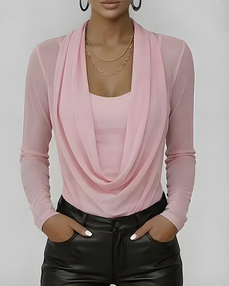 Mesh Layered Cowl Neck Long Sleeve Two-Piece Set