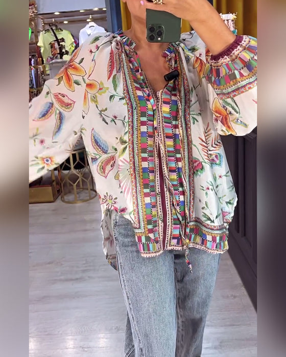 Sexy V-Neck Fashion Print Blouse
