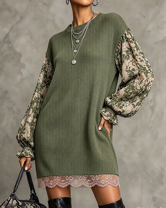 Crew Neck Ribbed Lace Patchwork Ruffle Dress