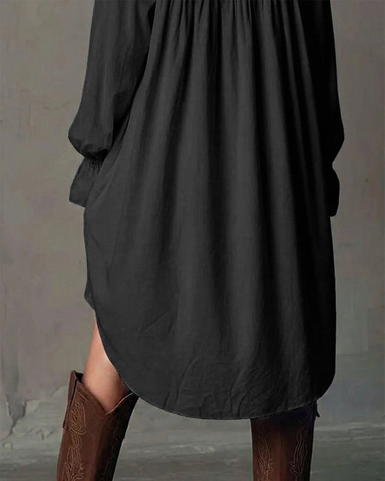 Lace-Paneled Lantern-Sleeve Dress