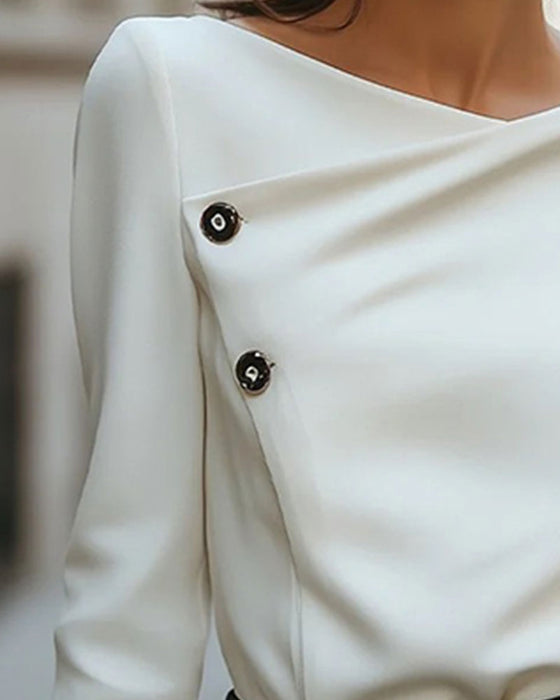 Crewneck Cross Button Long Sleeve Top