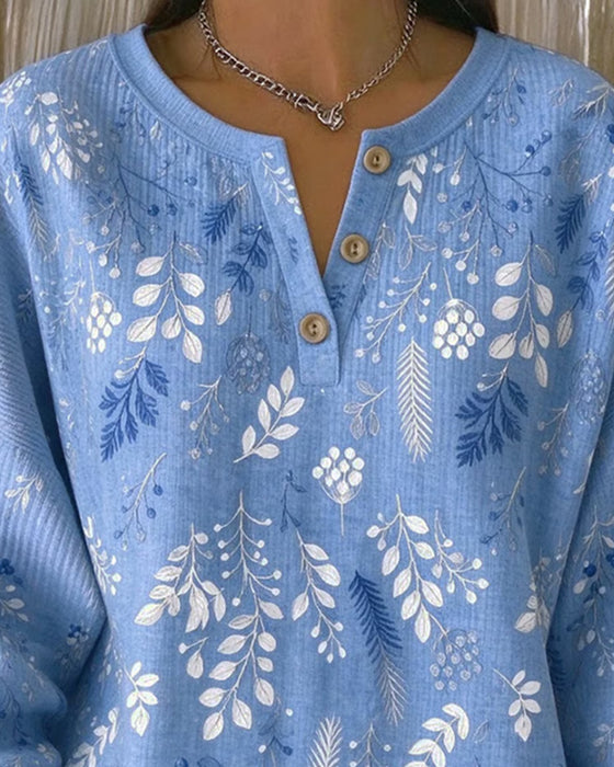 Waffle Henry Collar Floral Print Sweatshirt