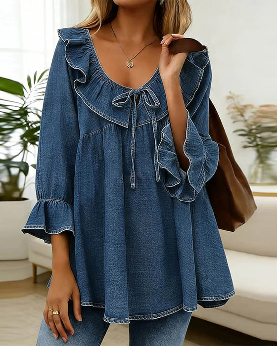 Ruffled Tie Denim Crew Neck Blouse