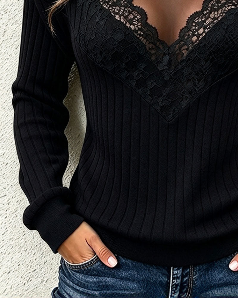 Crew Neck Lace Spliced Ribbed Top