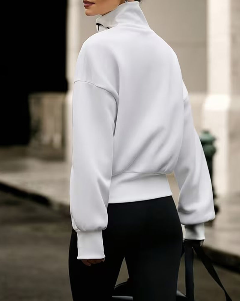Mock Neck Zipper Drop Shoulder Relaxed Sweatshirt