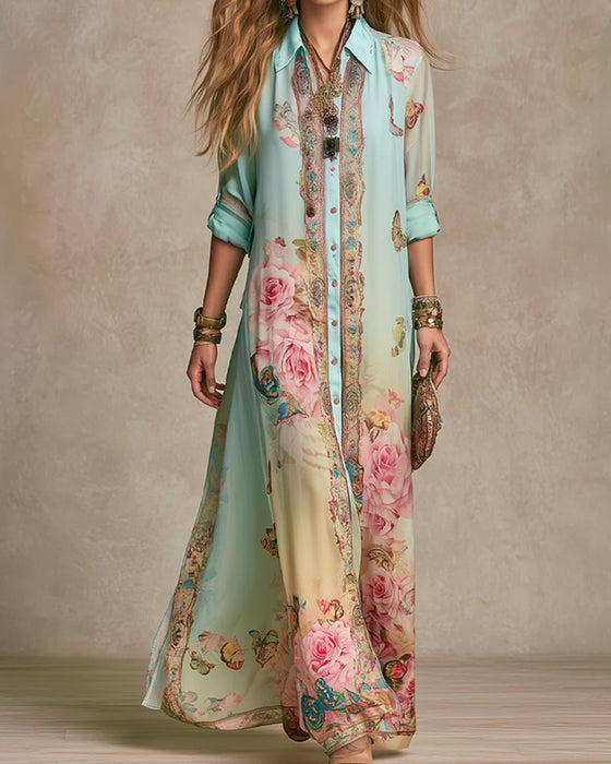 Lapel Butterfly Rose Print Dress