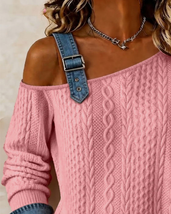 One-Shoulder Strappy Denim Patchwork Casual Sweatshirt