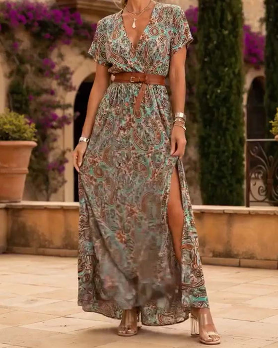 V-Neck Vintage Paisley Slit Long Dress