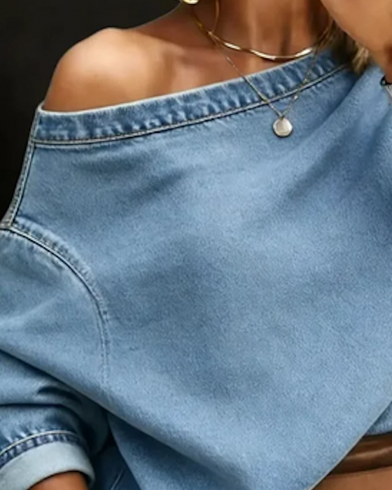 Off-Shoulder Loose Denim Long Sleeve Top