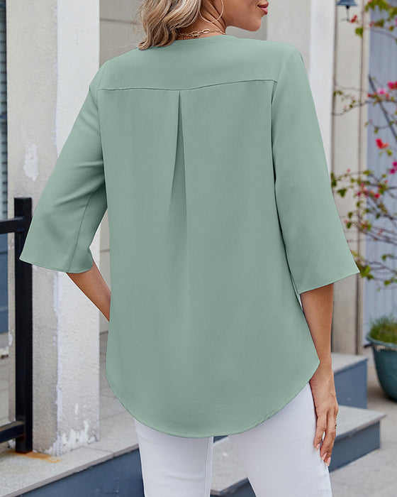 Half-Sleeved Ruffled Solid Color Casual Blouse