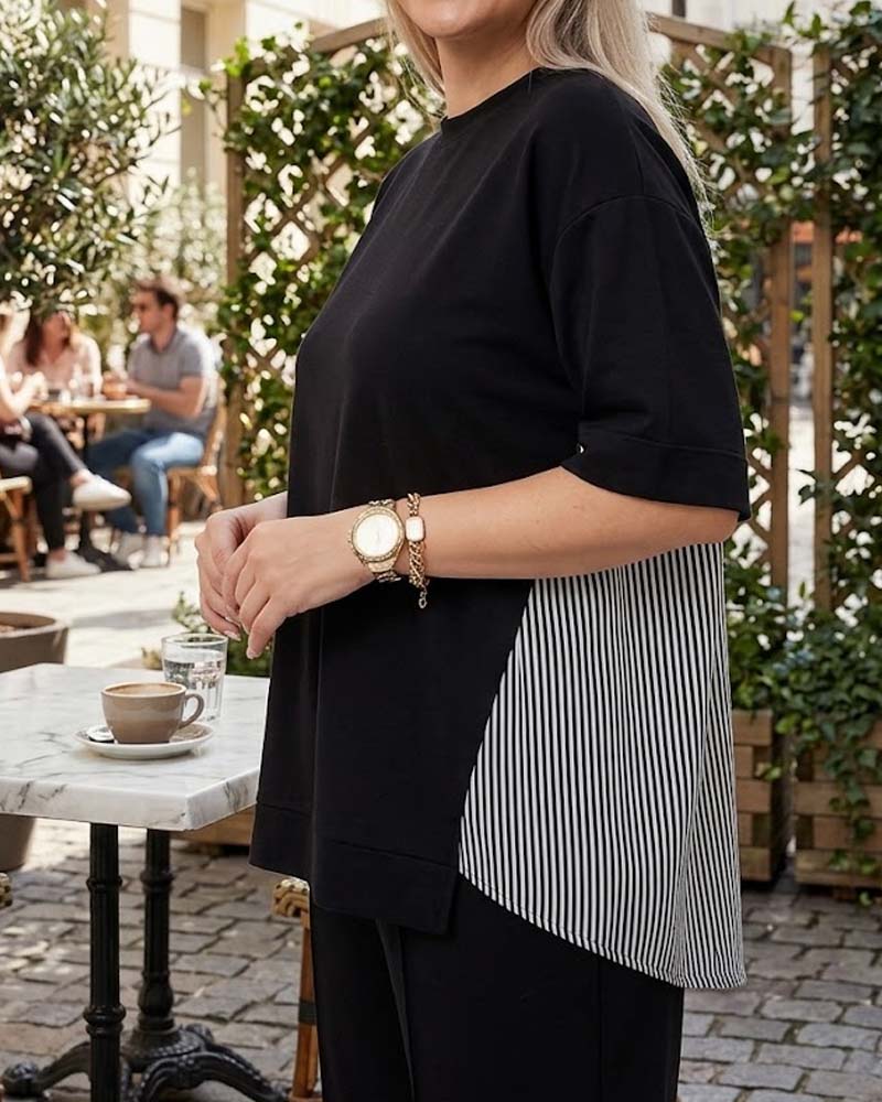 Pinstripe patchwork casual blouse