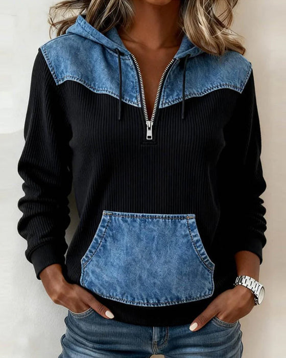 Half-Zip Hooded Patchwork Colorblock Sweatshirt