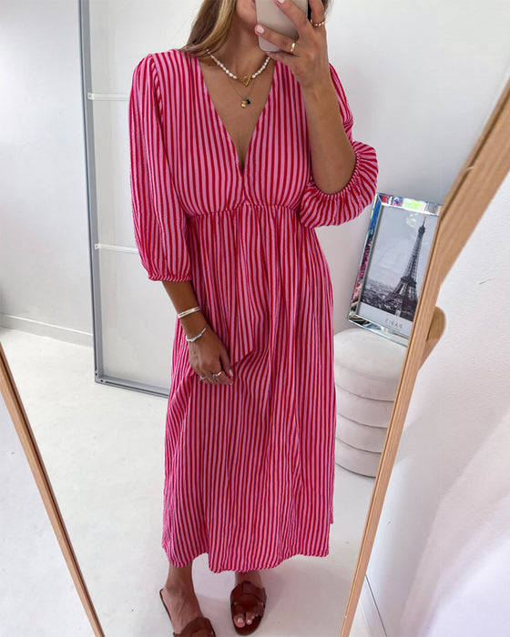 V-neck Lantern Sleeve Striped Dress