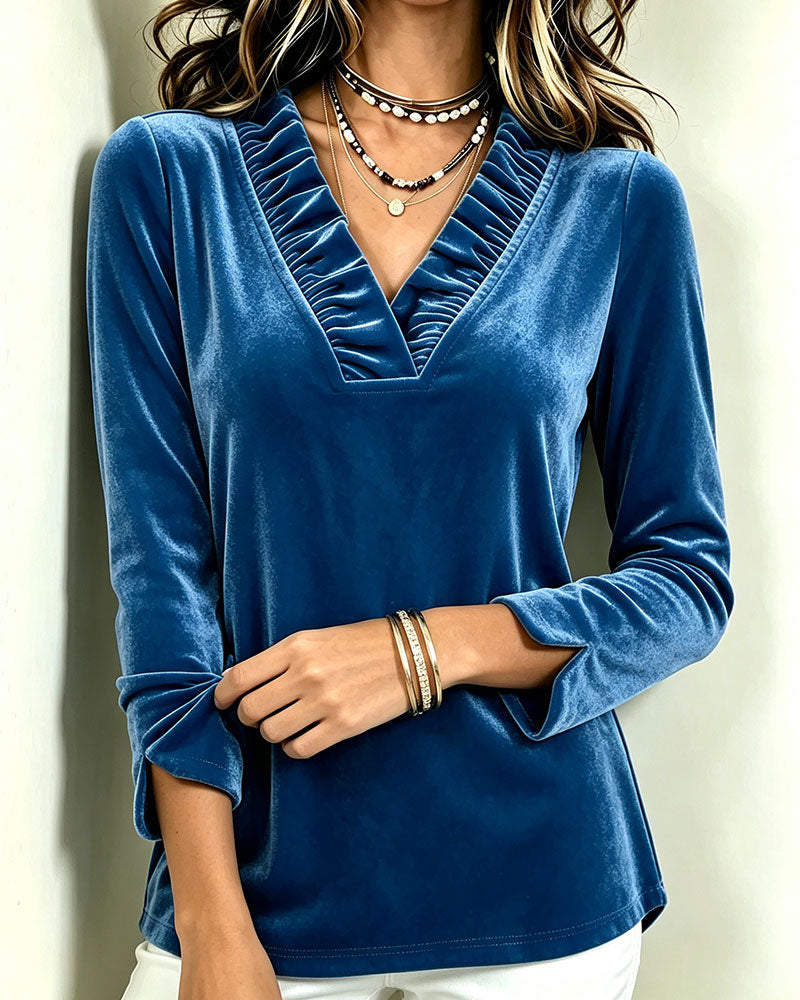 V-Neck Ruffle Smocked Split Blouse