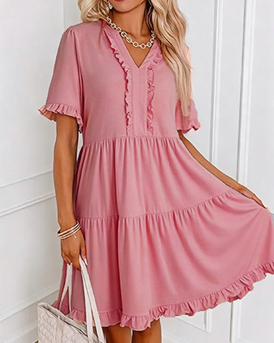 Ruffle Trim V-Neck Tiered Hem Dress