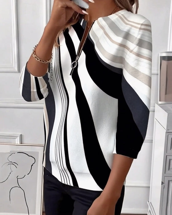 Casual Zipper Geometric Print T-Shirt