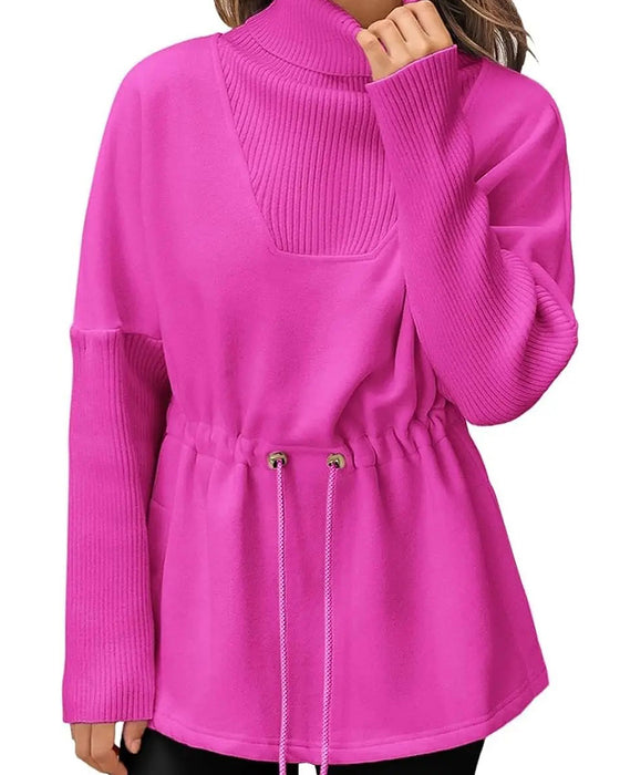 High Collar Long Sleeve Waist Drawstring Sweatshirt