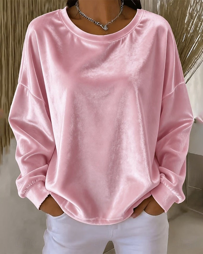 Crew Neck Drop Shoulder Relaxed Long Sleeve Blouse