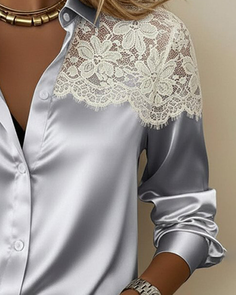 Lace Panels Versatile Lapel Shirt