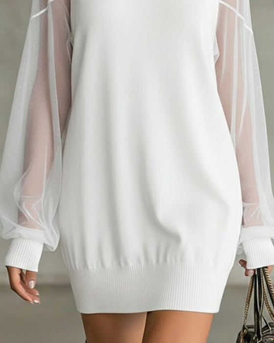 Lantern Sleeve Solid Color Patchwork Dress