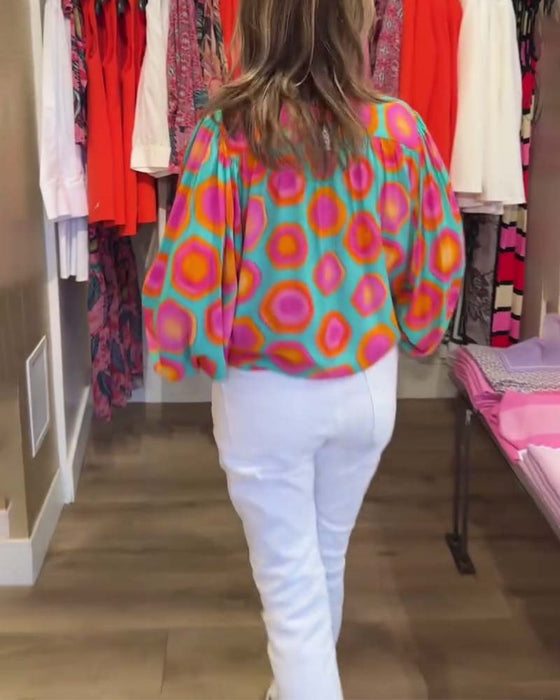 Colorful geometric print stand collar shirt