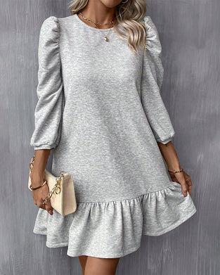Solid Color Puff Sleeve Dress
