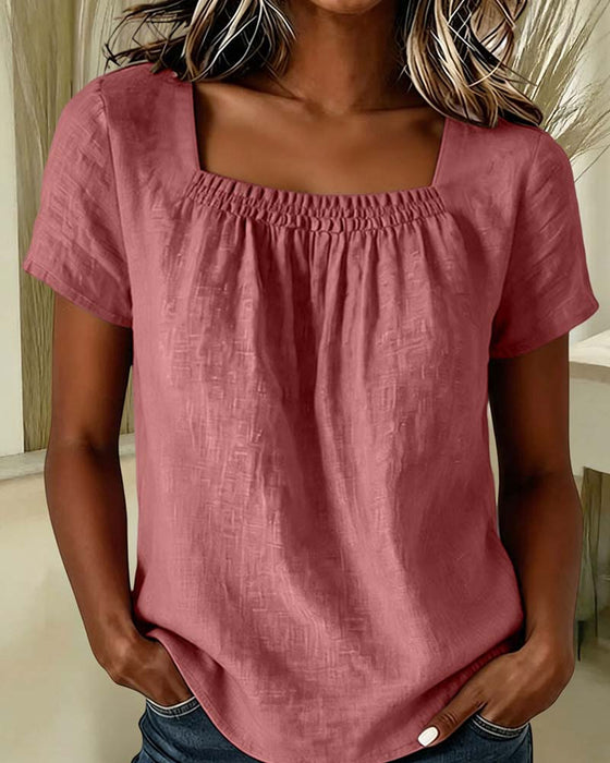 Square Neck Shirred Short Sleeve Blouse