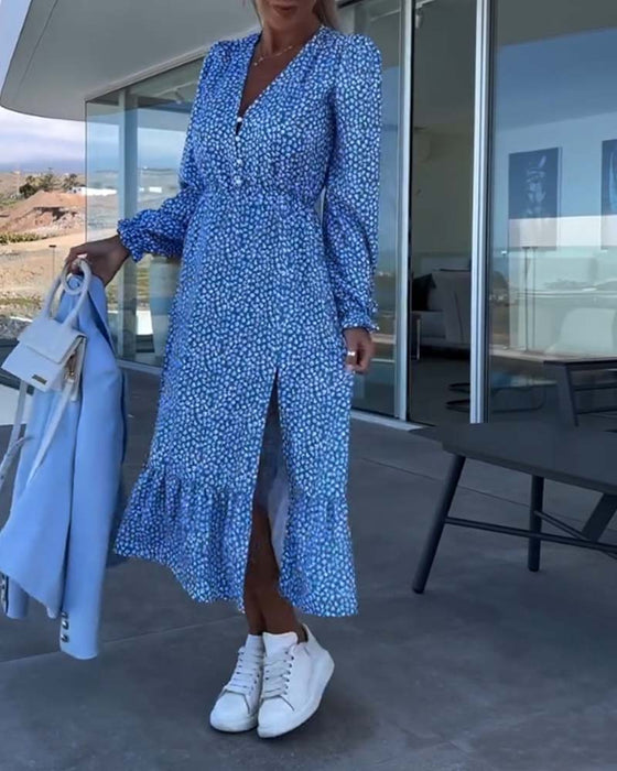 V-neck floral patchwork dressa