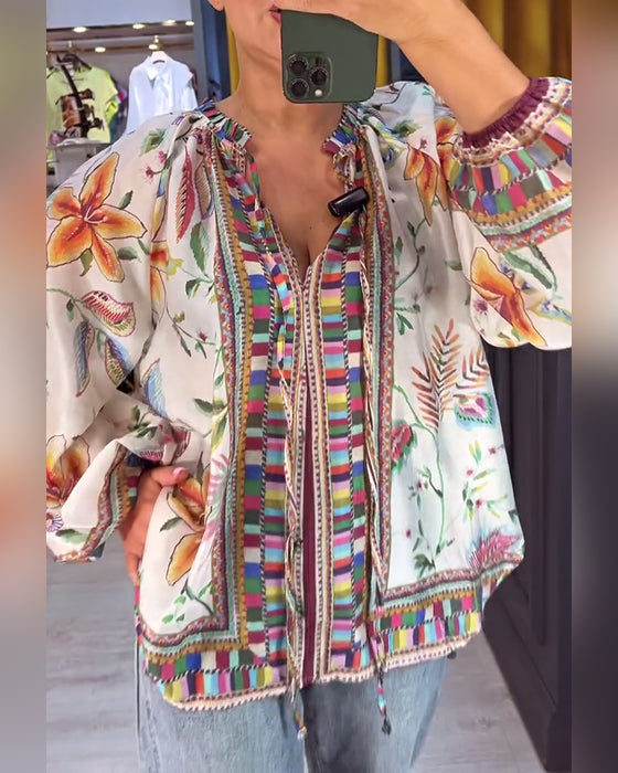 Sexy V-Neck Fashion Print Blouse