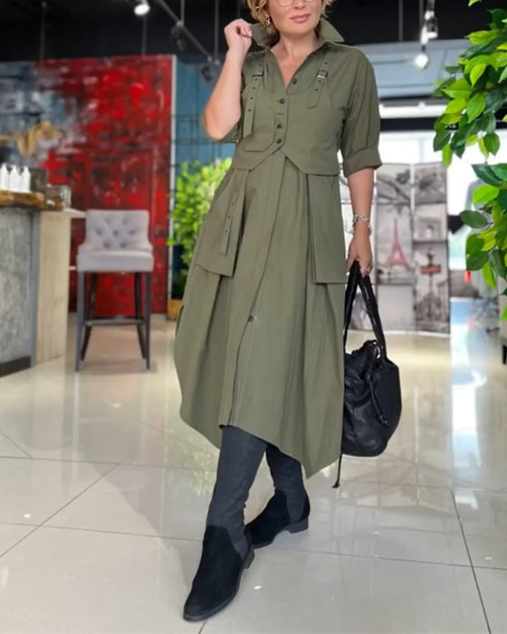 Lapel casual pocket solid color dress