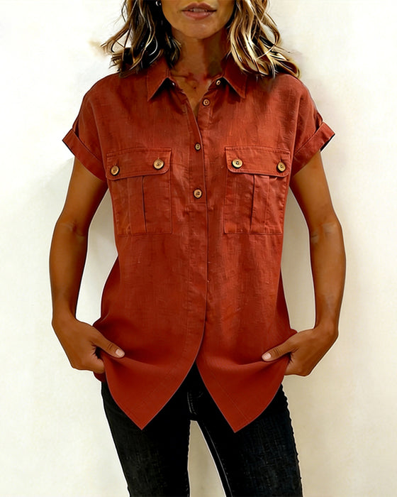 Pocket Cotton Linen Short Sleeve Shirt