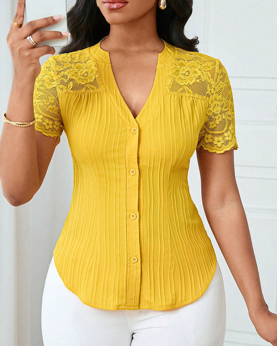 Single-Breasted Solid Color Hollow-Out Blouse
