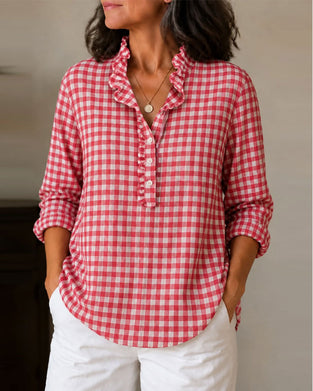 Ruffle Trim Mandarin Collar Plaid Blouse