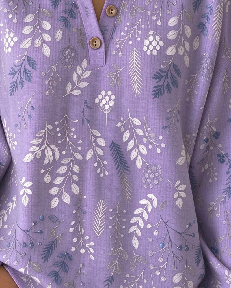 Waffle Henry Collar Floral Print Sweatshirt