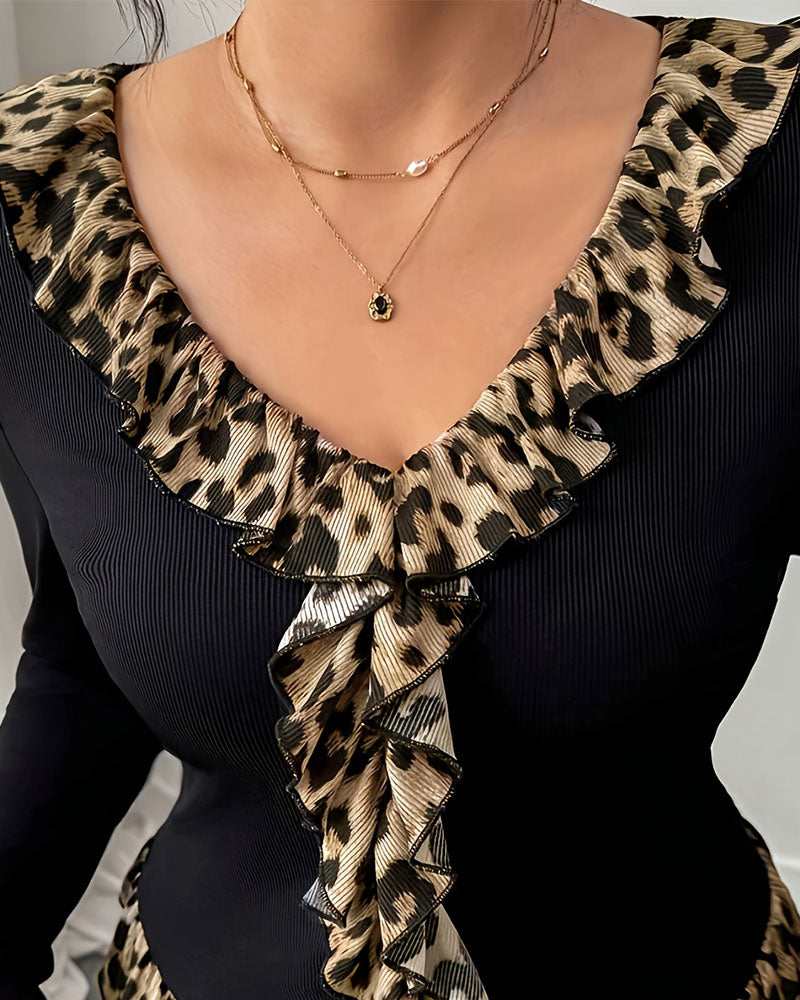 V-Neck Ruffle Leopard Print Top