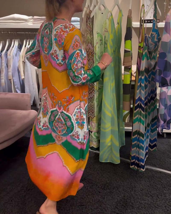 Printed V neck long sleeve dress