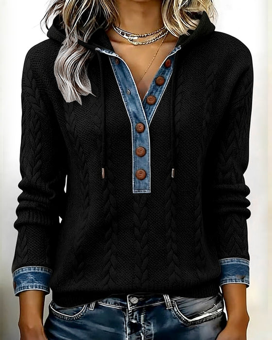 Color-Blocked Button Long-Sleeved Hooded