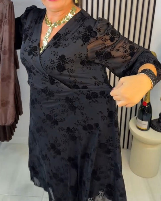 Floral V-Neck Long-Sleeved A-Hem Dress