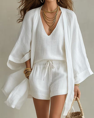 V-Neck Tank Top Cardigan Short Three-Piece Set