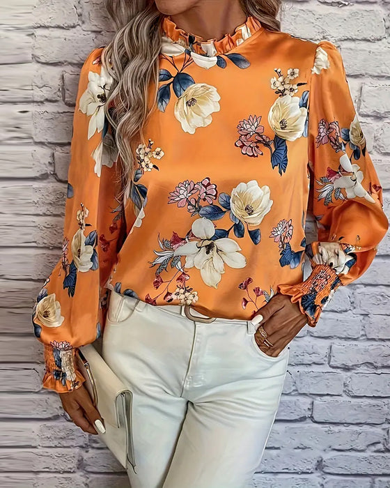 Balloon-Sleeve Floral Blouse