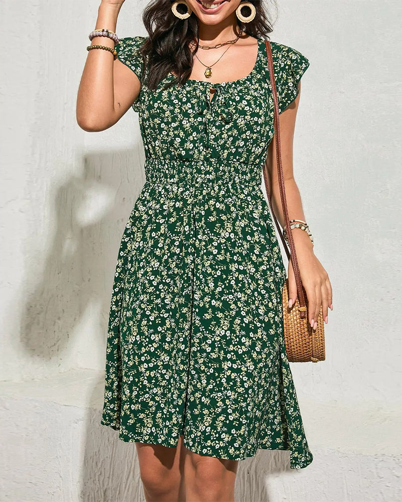 Crew Neck Elastic Shirring Floral Dress