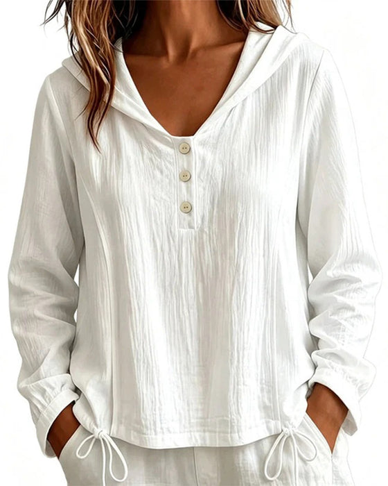Solid Button Hooded Long Sleeve Top