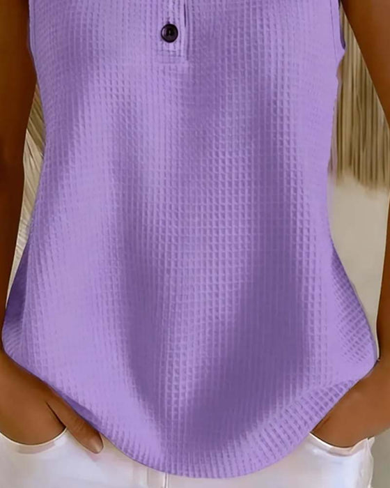Crew Neck Sleeveless Waffle Button Tank Top