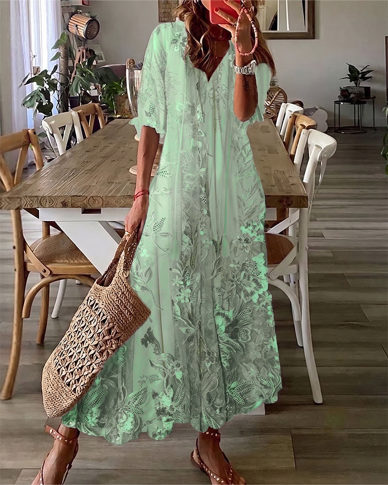 V-Neck Floral Ruffle Full Skirt Dress