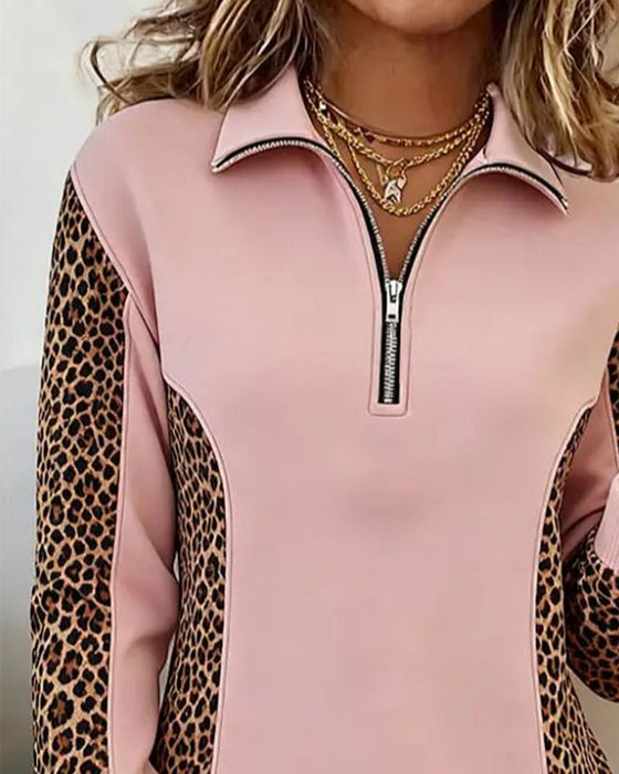 Leopard Print Half-Zip Lapel Sweatshirt