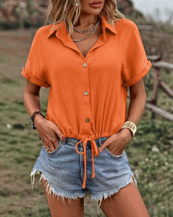 V-Neck Solid Drawstring Lapel Blouse