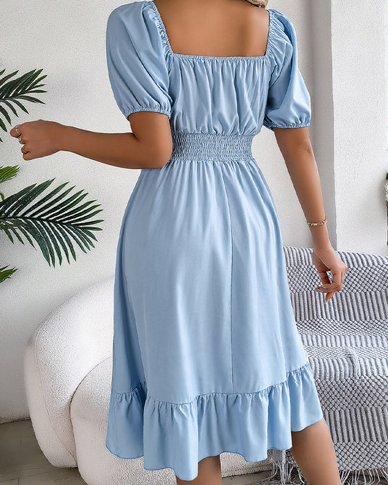 Square Neck Cinched Waist Ruffle A-Line Dress