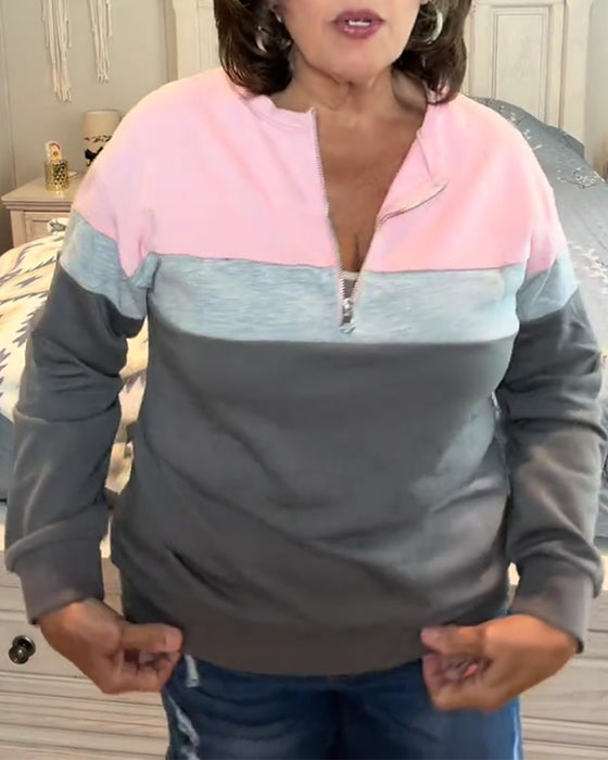 Zippered Stand-Collar Color-Blocked Long-Sleeved Sweatshirt
